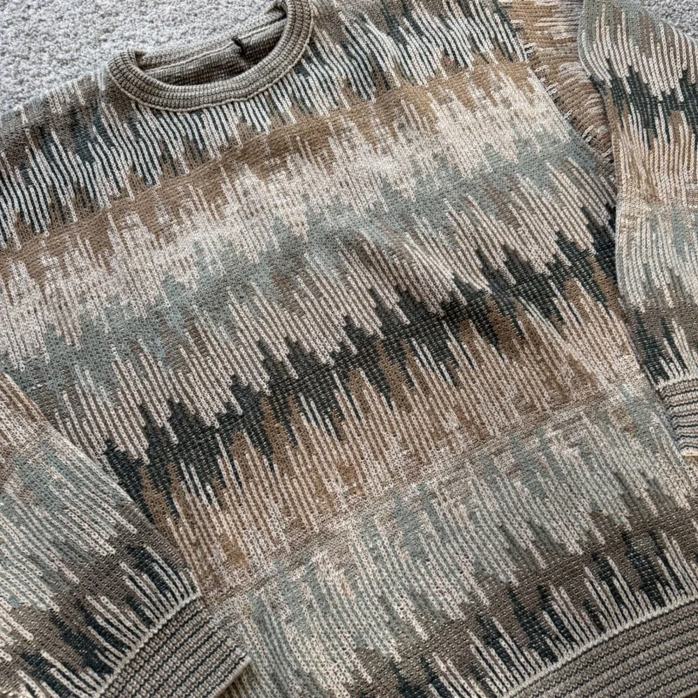 Vintage Abstract Geometric Knit Crewneck Sweater Earth Tones Brown Grey Large